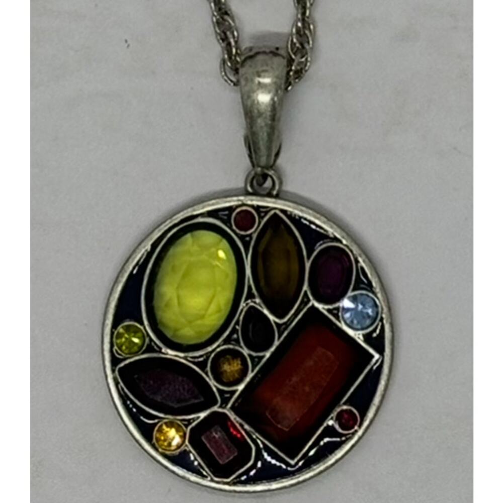 Vintage Sarah Coventry Silvertone Mosaic Multicolor Pendant Necklace Signed